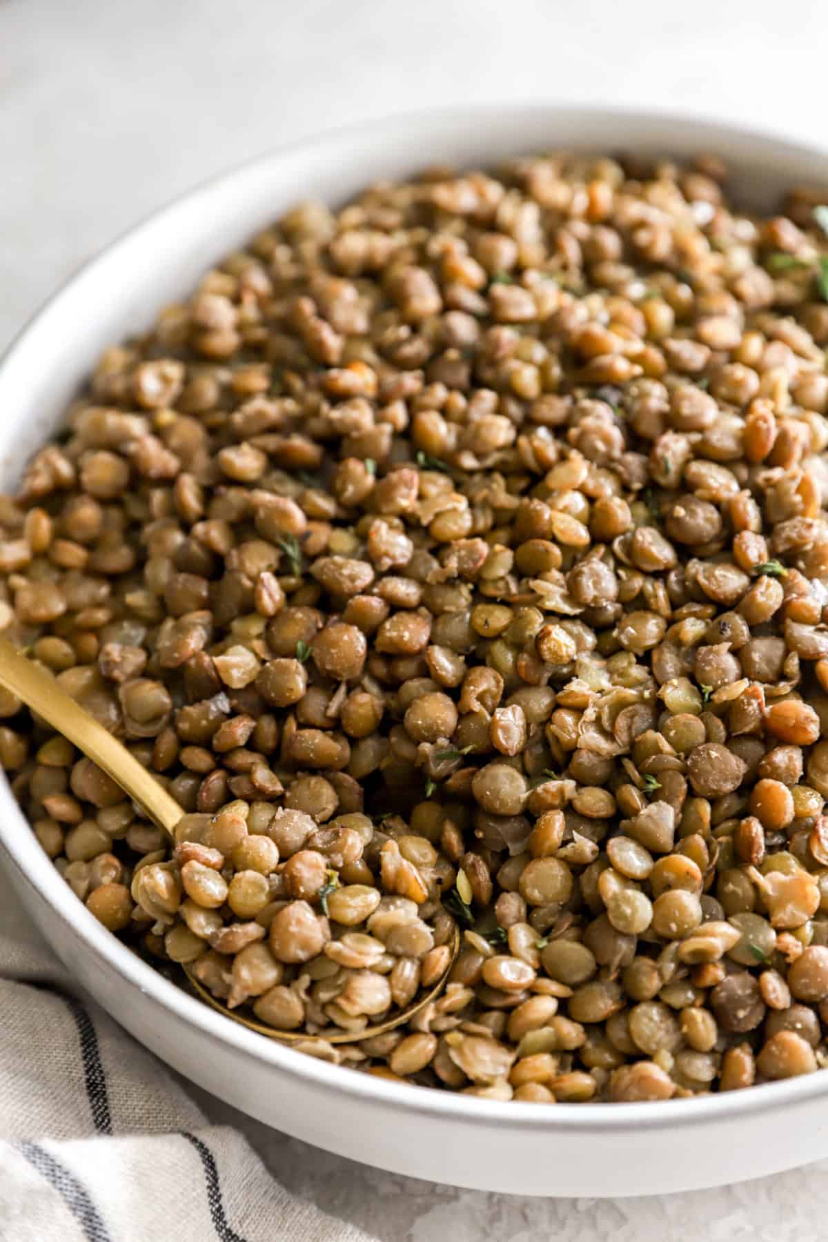 Close up view of a bowl of lentils with a spoon sticking out. 