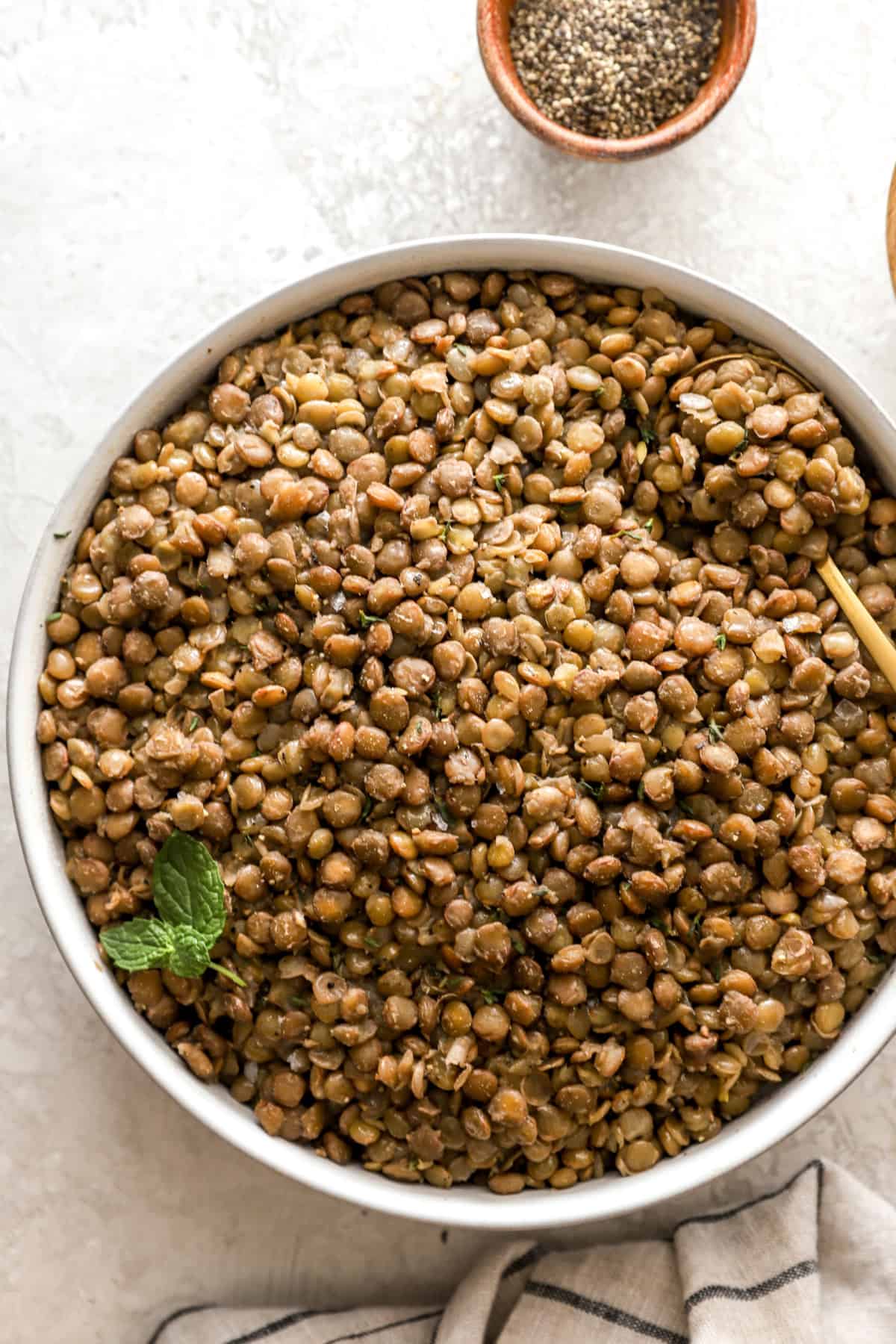 Overhead image of a bowl of cooked lentils. 