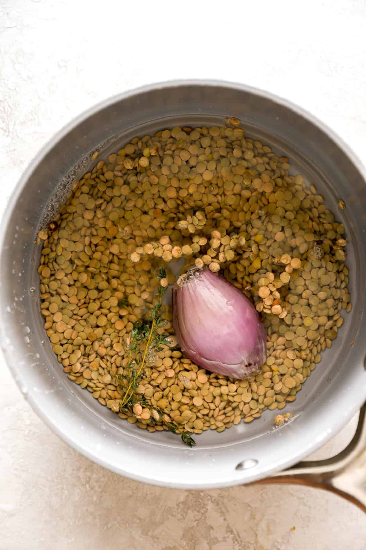 Lentils cooking with a shallot in a pot. 