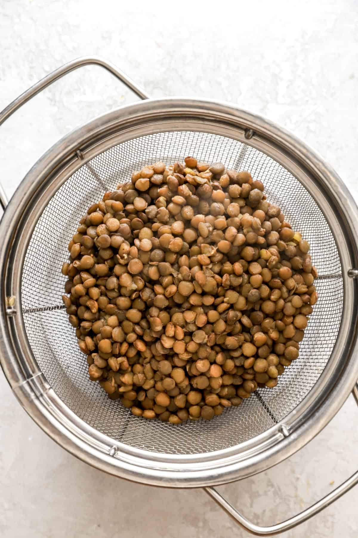 Lentils in a fine mesh sieve. 