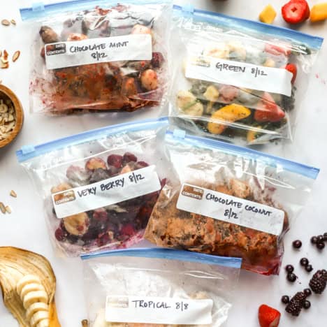 Five different freezer smoothie packs.