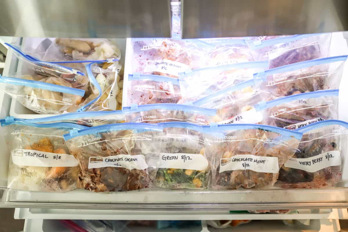 Smoothie freezer packs in a freezer.