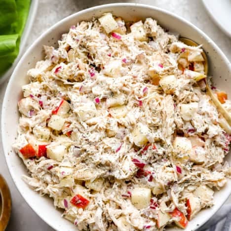 Apple Dill Chicken Salad in a white serving bowl.