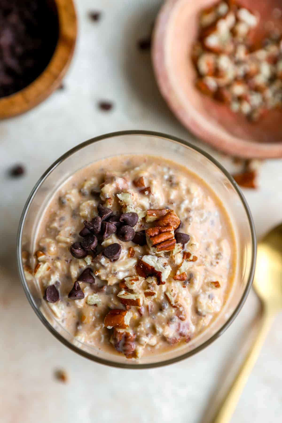 Overhead image of a jar of pumpkin spice overnight oats.