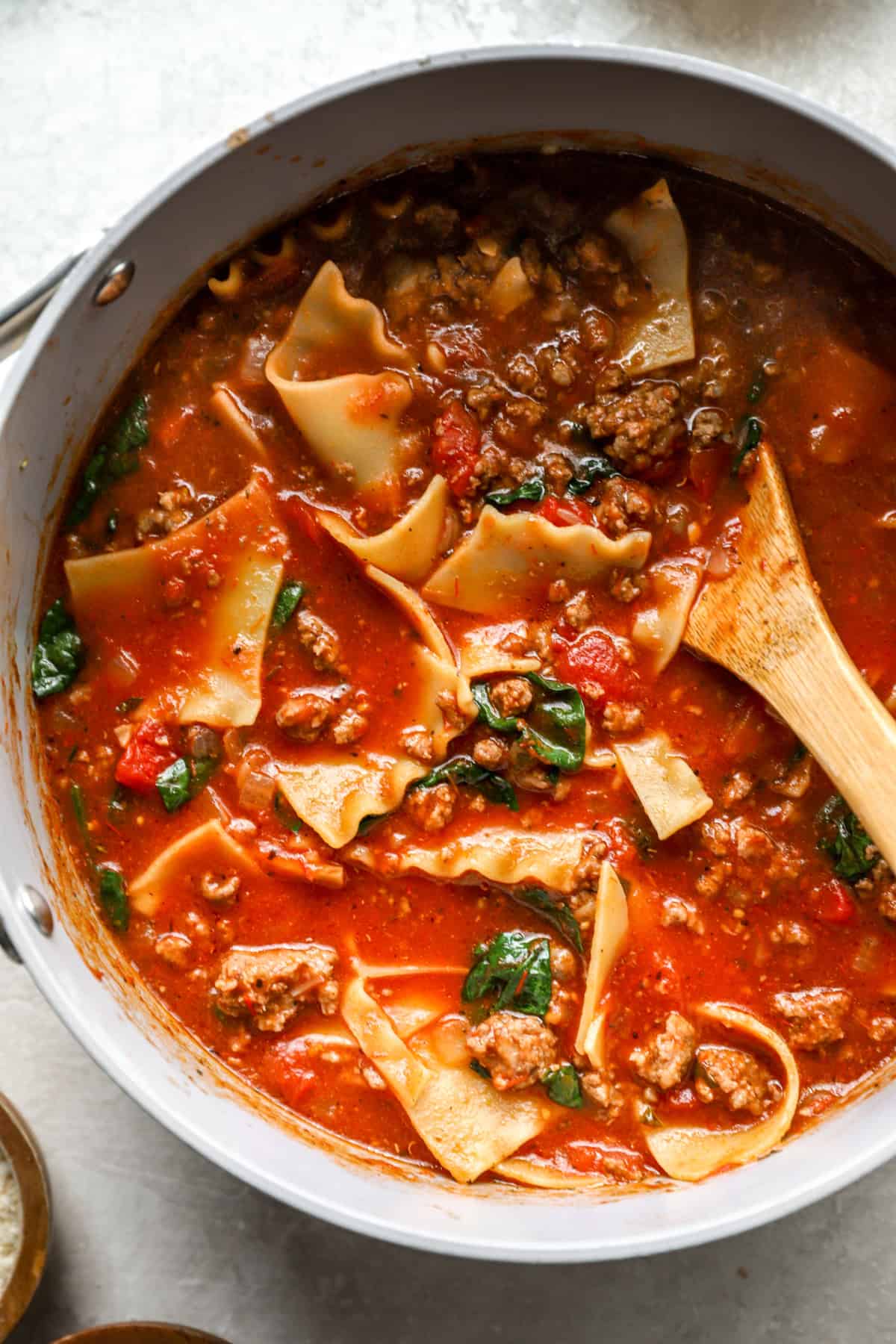 Lasagna soup cooking in a pot.