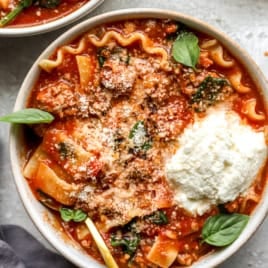 Overhead image of a bowl of lasagna soup.