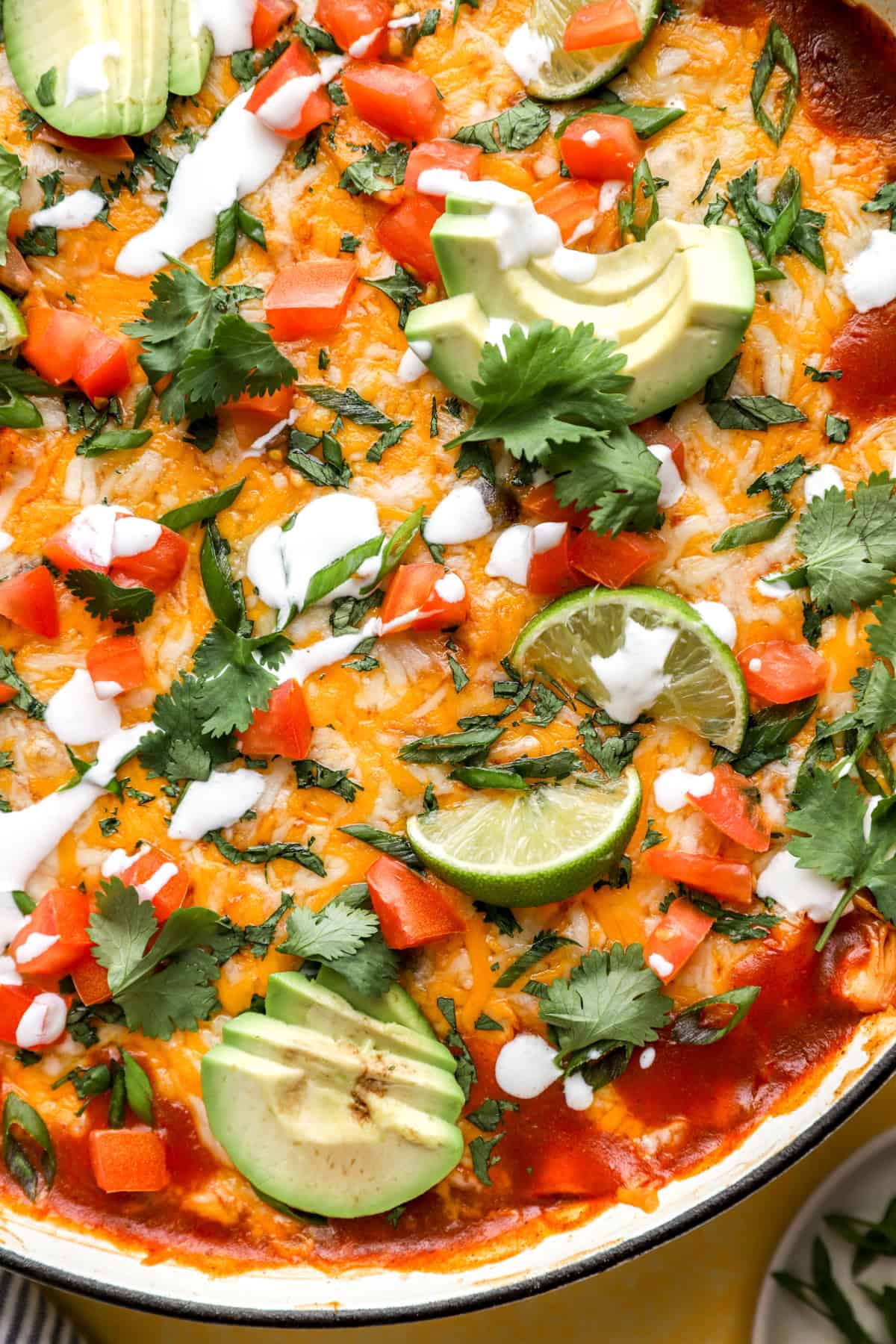 Close up image of a chicken enchilada skillet.