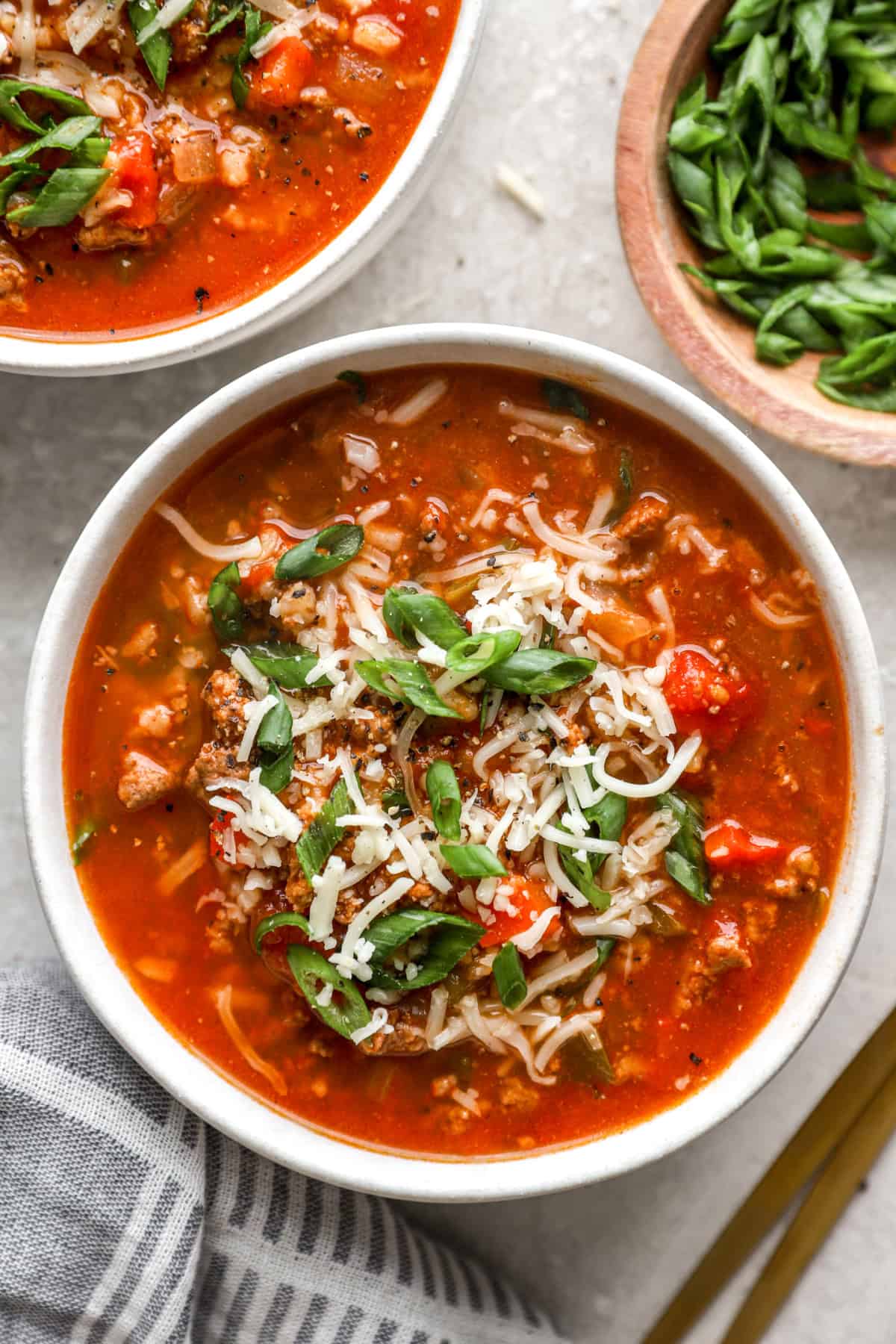 Overhead image of a bowl of stuffed pepper soup. 