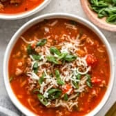 Overhead image of a bowl of stuffed pepper soup.