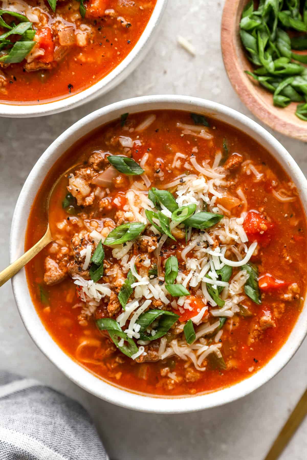 A bowl of slow cooker stuffed pepper soup. 