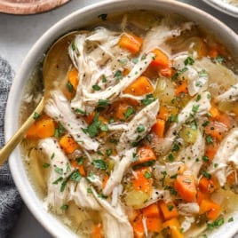 A bowl of slow cooker chicken soup.