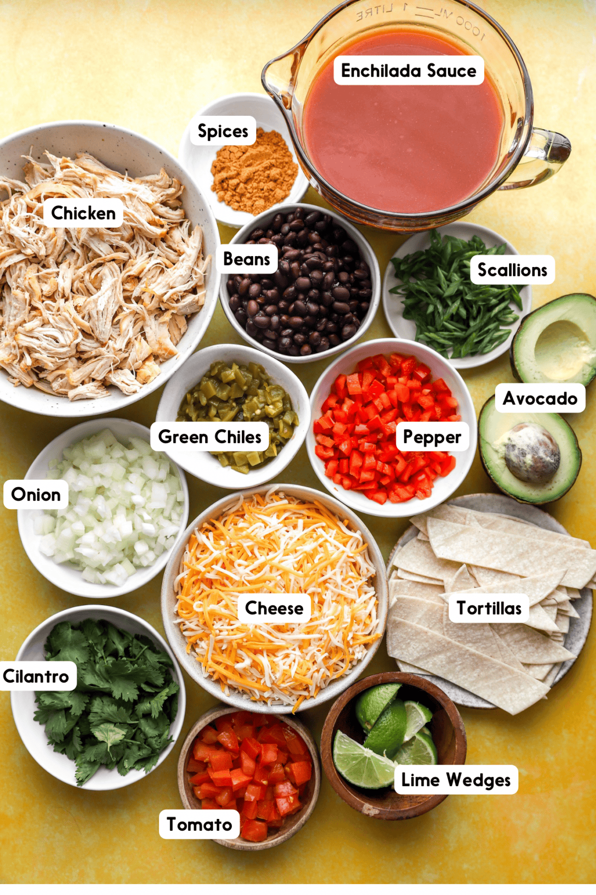 Ingredients to make gluten-free chicken skillet enchiladas.