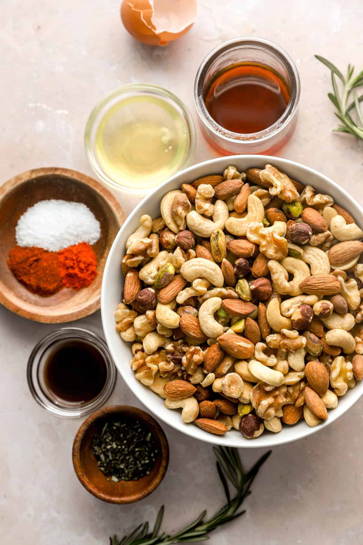 Ingredients to make a homemade party nuts mix. 