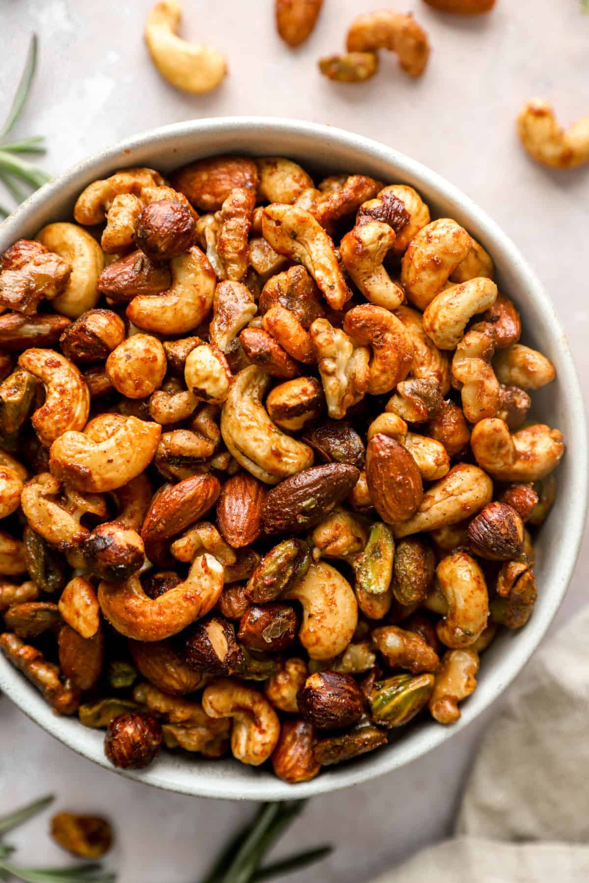 Overhead image of a bowl of party nuts. 