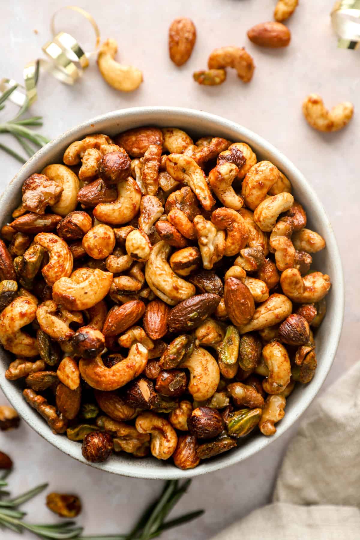 A bowl of spiced party nuts.