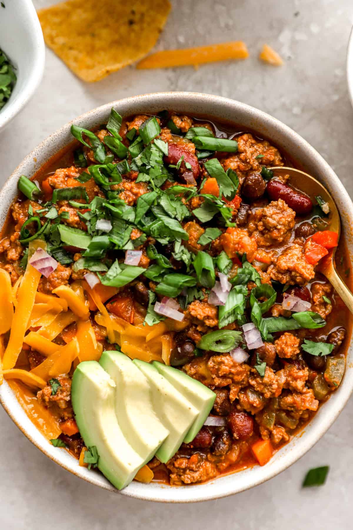 A bowl of Instant Pot beef chili. 