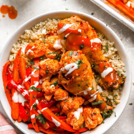 Sheet Pan Buffalo Chicken and Veggies on a plate.