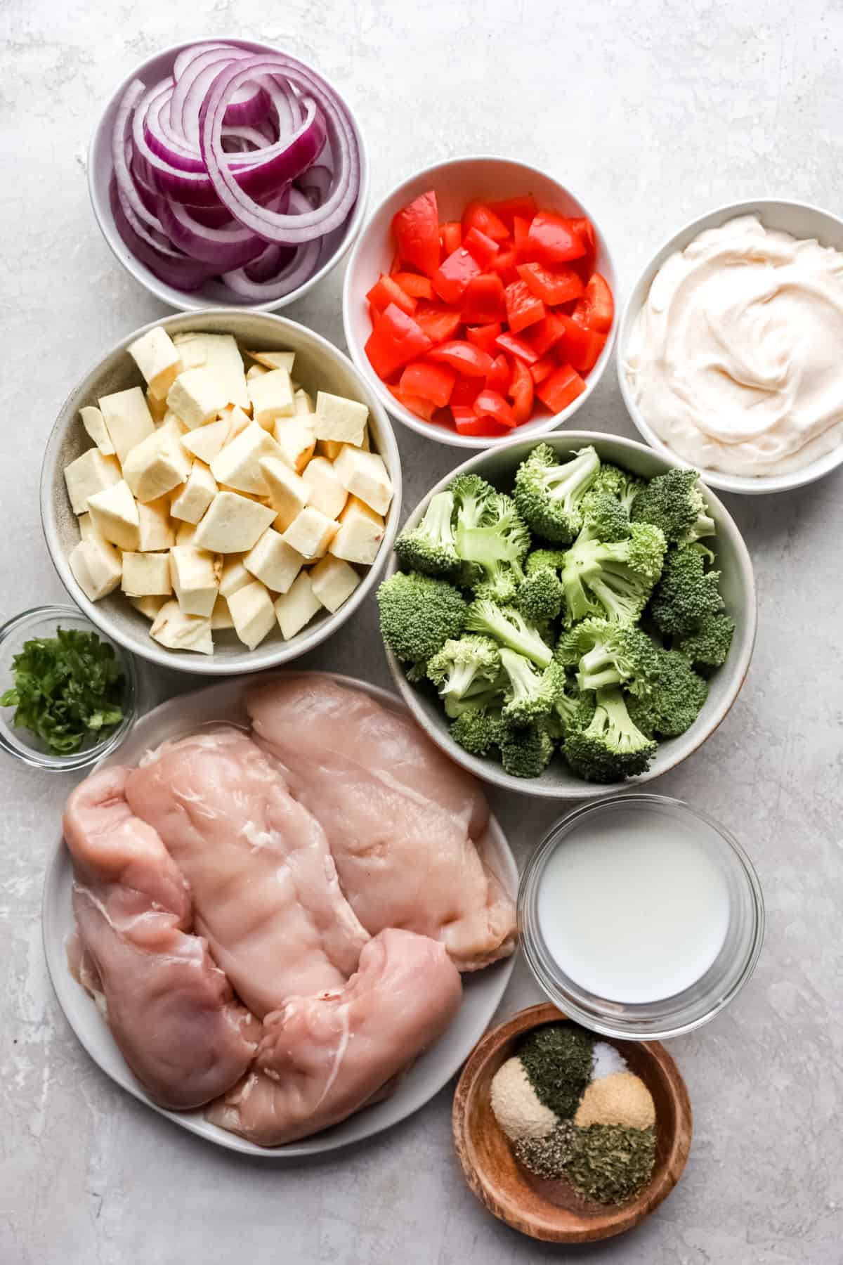 Sheet pan Ranch chicken and veggies ingredients. 