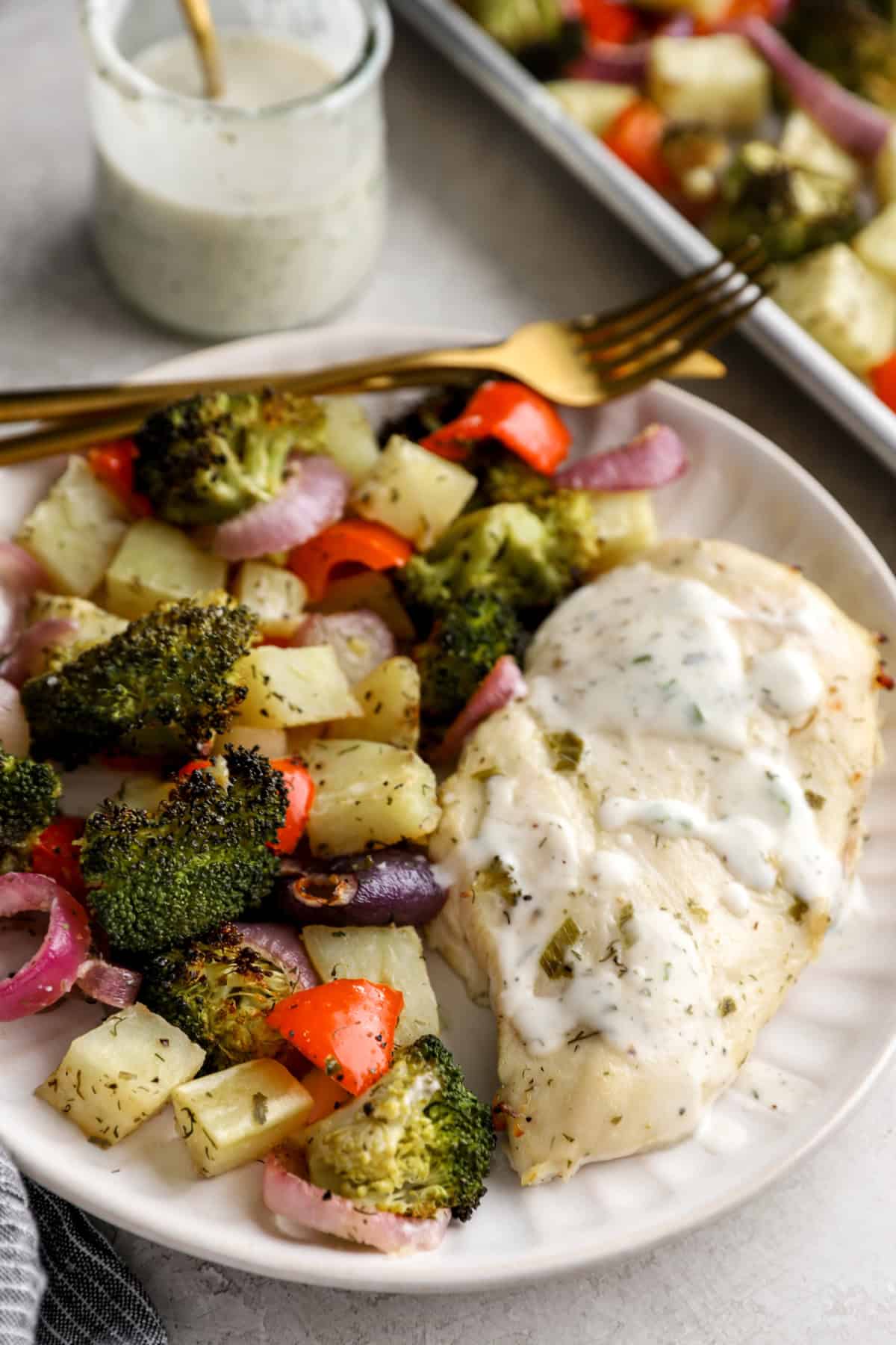 A plate of Ranch chicken and veggies. 