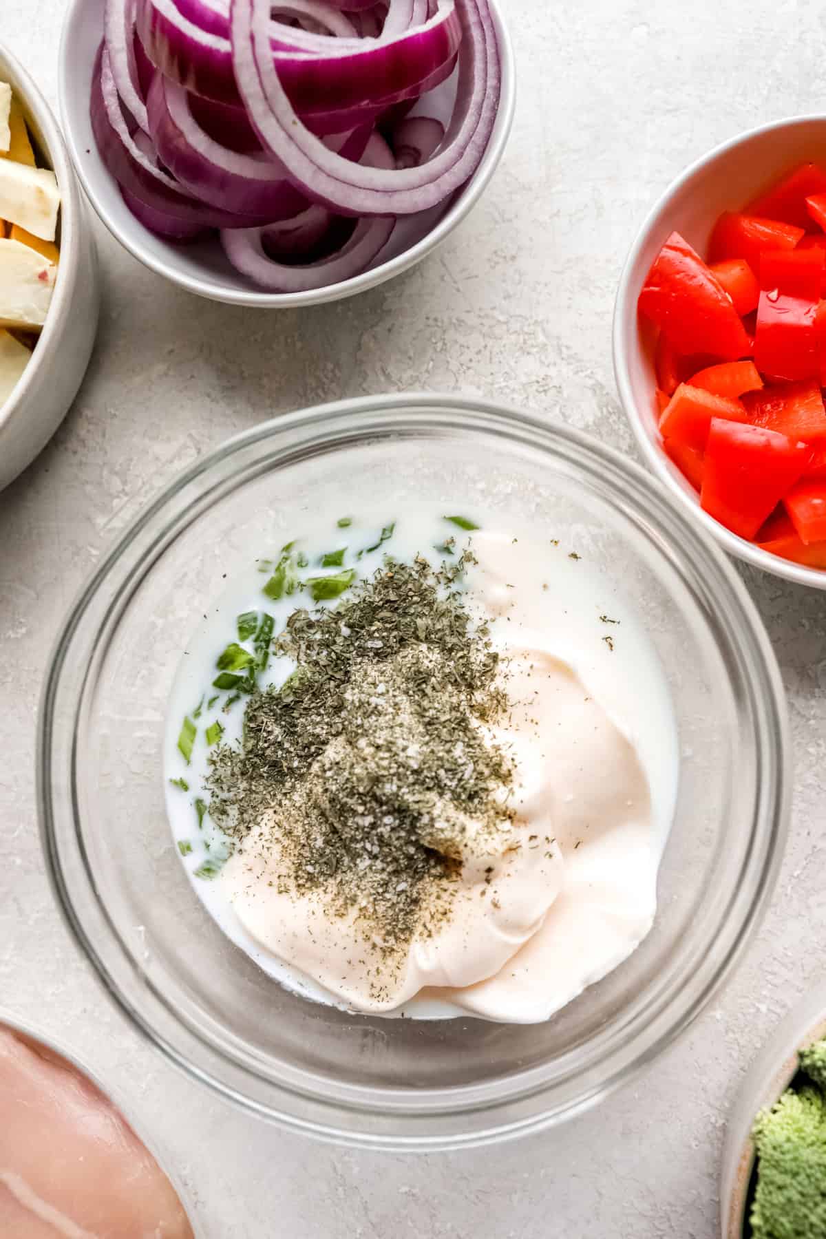 Ranch dressing ingredients in a bowl. 