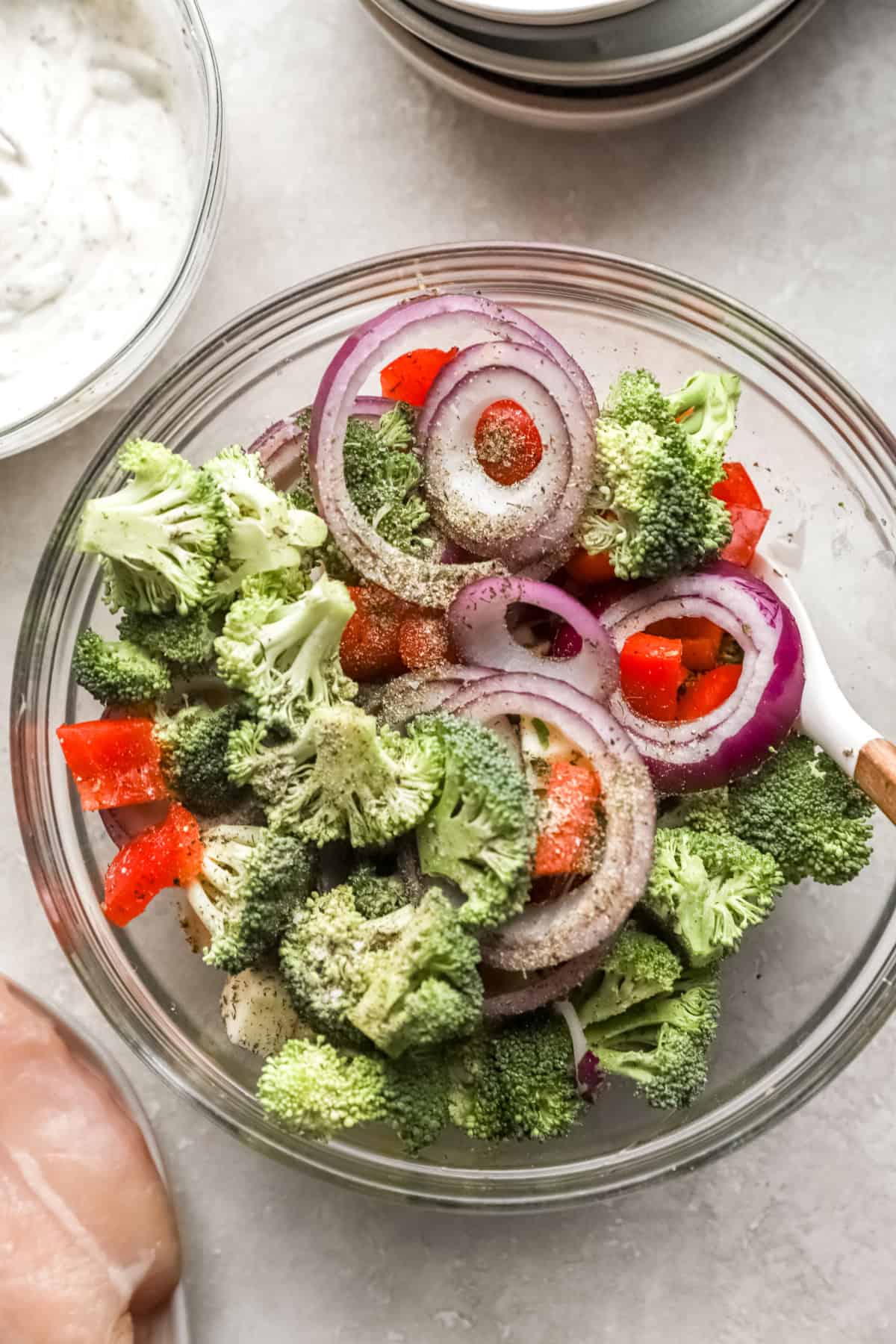 Seasoned veggies in a bowl. 