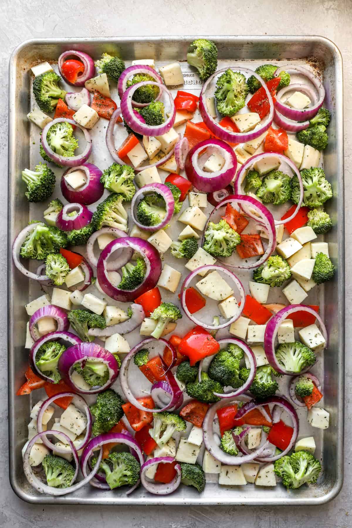 Veggies on a baking sheet. 