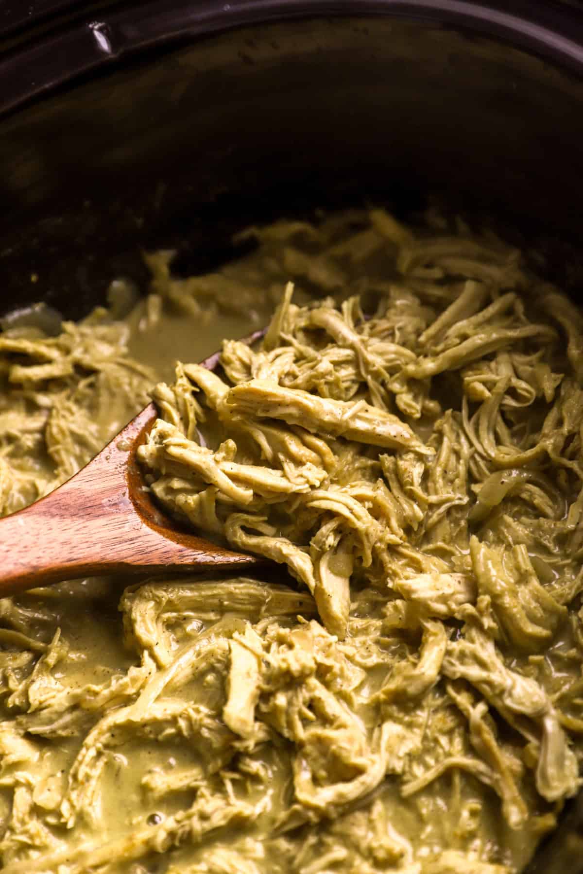 A wooden spoon scooping Thai curry chicken from a crockpot. 