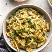 A bowl of crockpot chicken curry with rice.