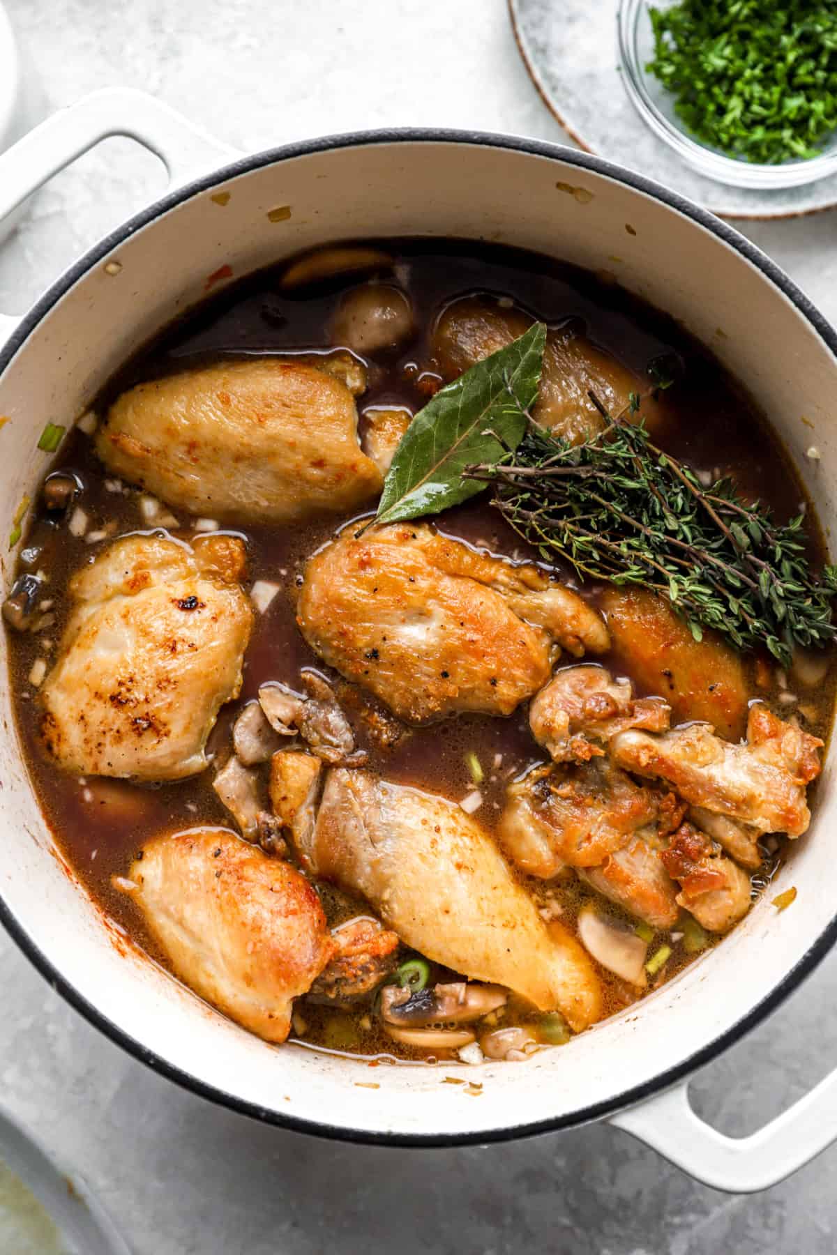 Seared chicken, veggies, and herbs in a tomato broth.