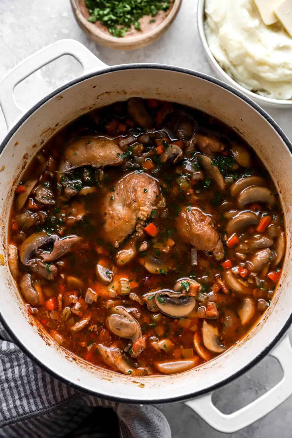 Chicken coq au vin in a Dutch oven.