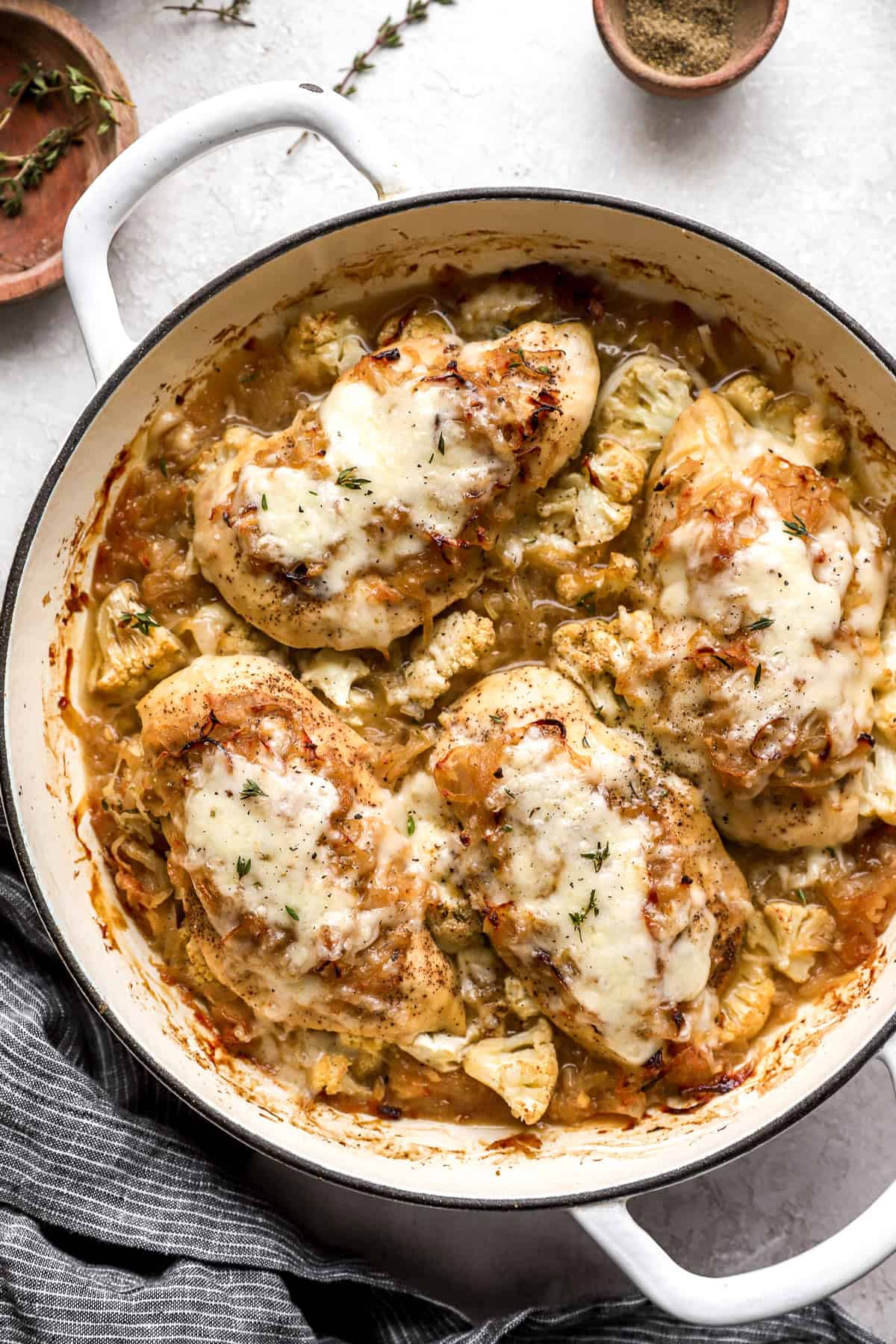 French onion chicken in a deep skillet. 