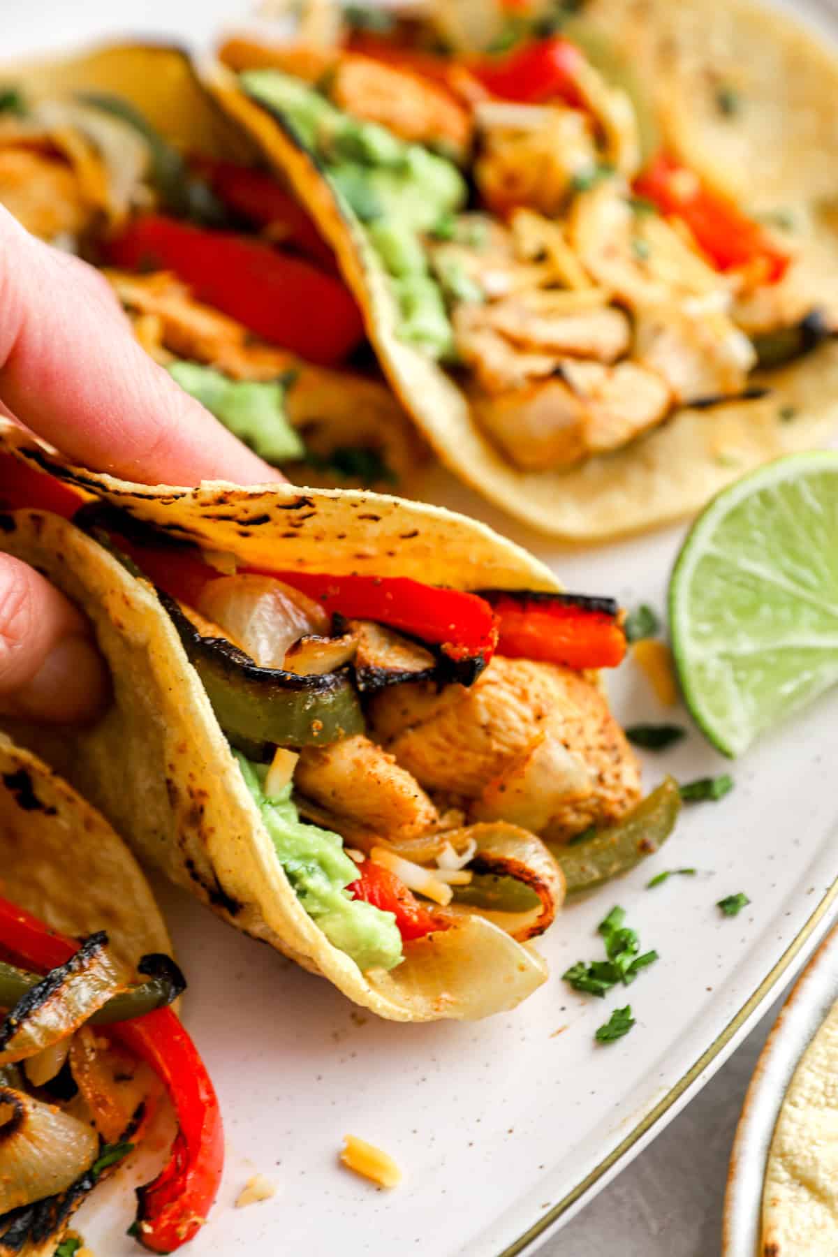 A hand holding a chicken fajita taco. 