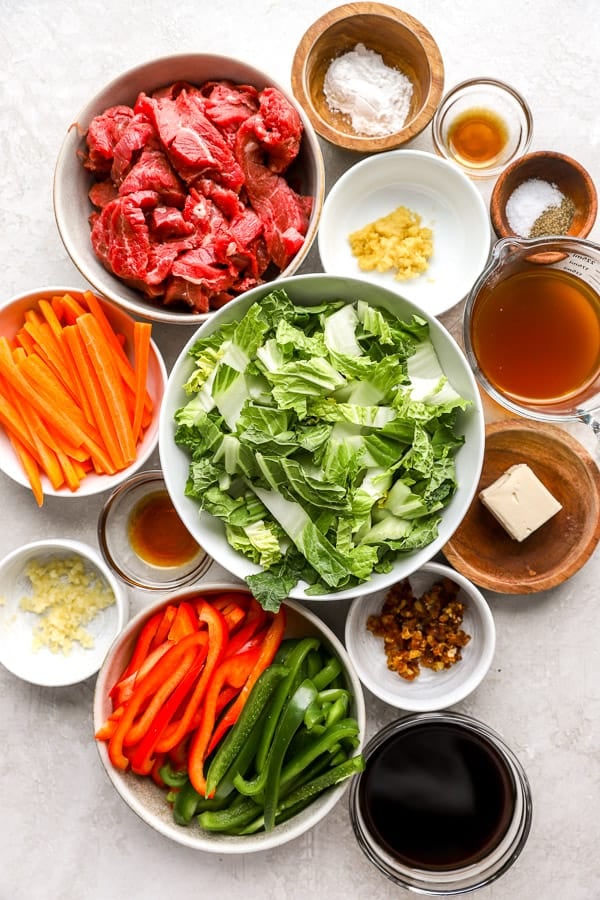 Ingredients to make Instant Pot Mongolian beef with veggies. 