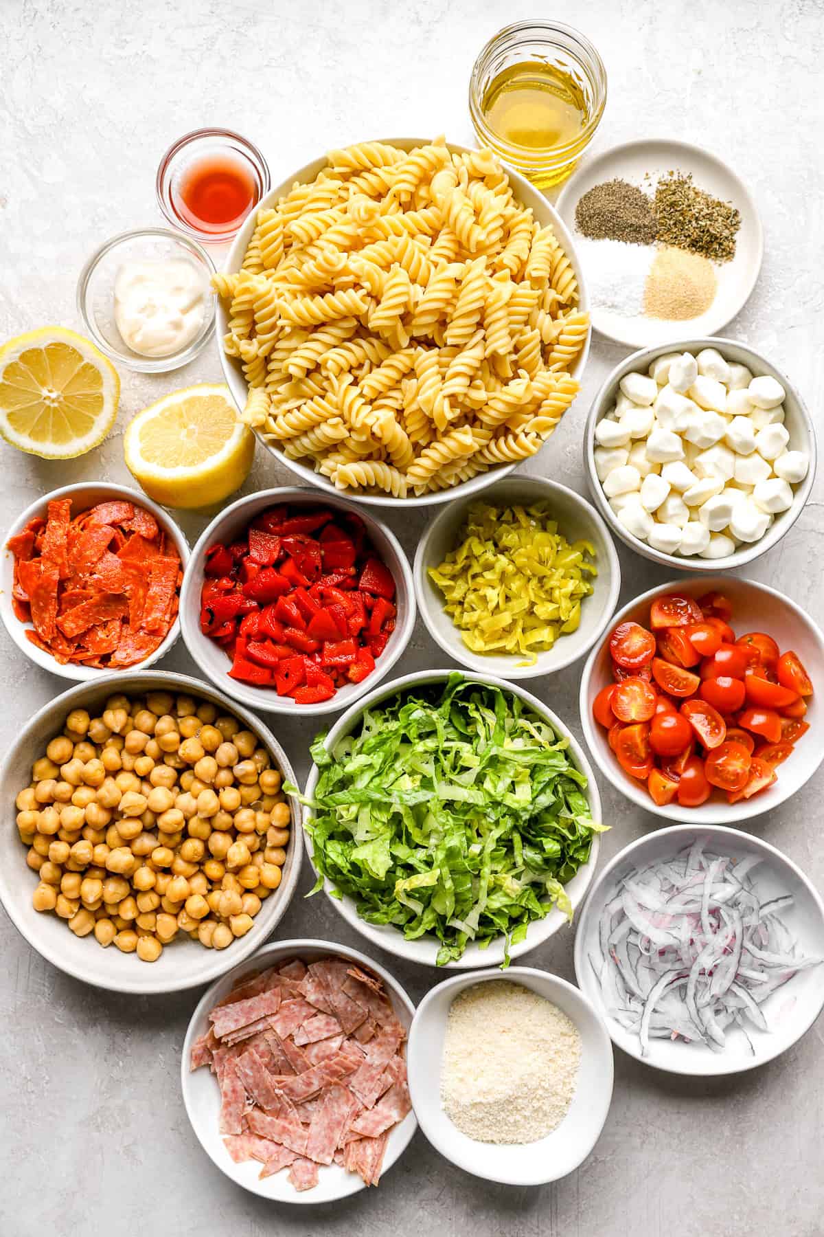 Ingredients to make an Italian grinder pasta salad recipe. 