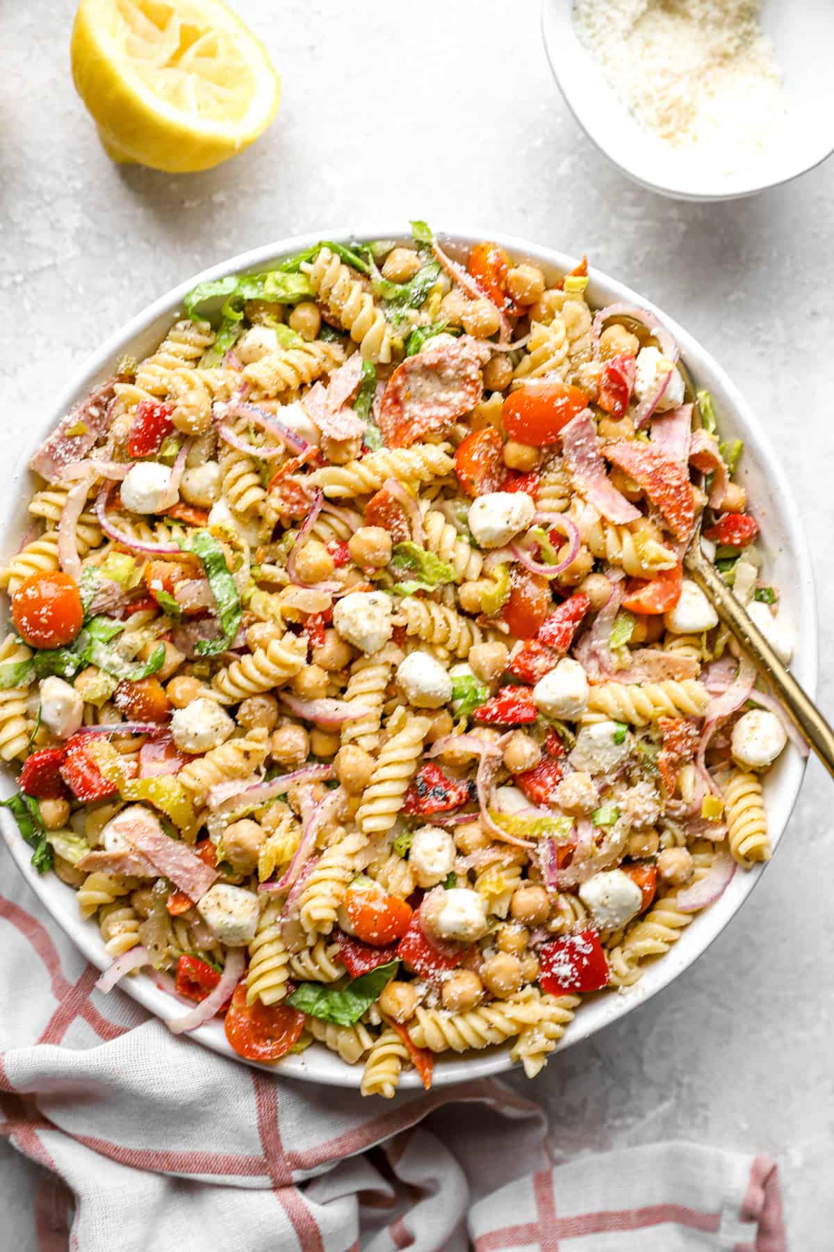 A bowl of Italian grinder pasta salad. 