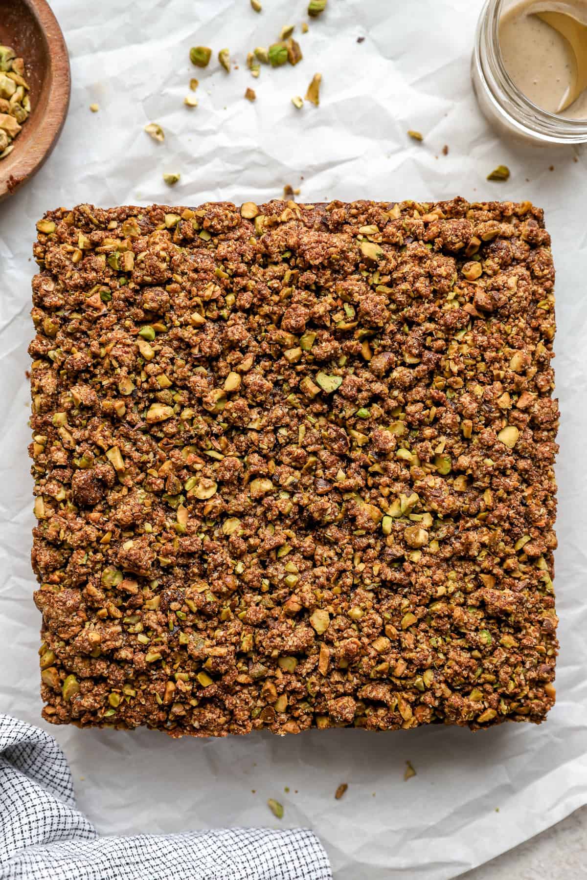 A baked streusel pistachio cake. 