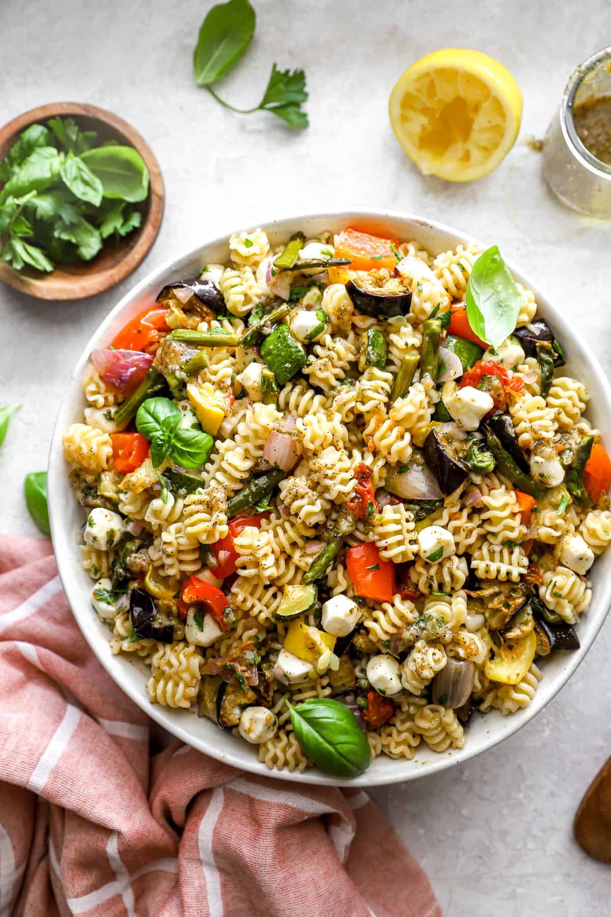 A bowl of Mediterranean veggie pasta salad.