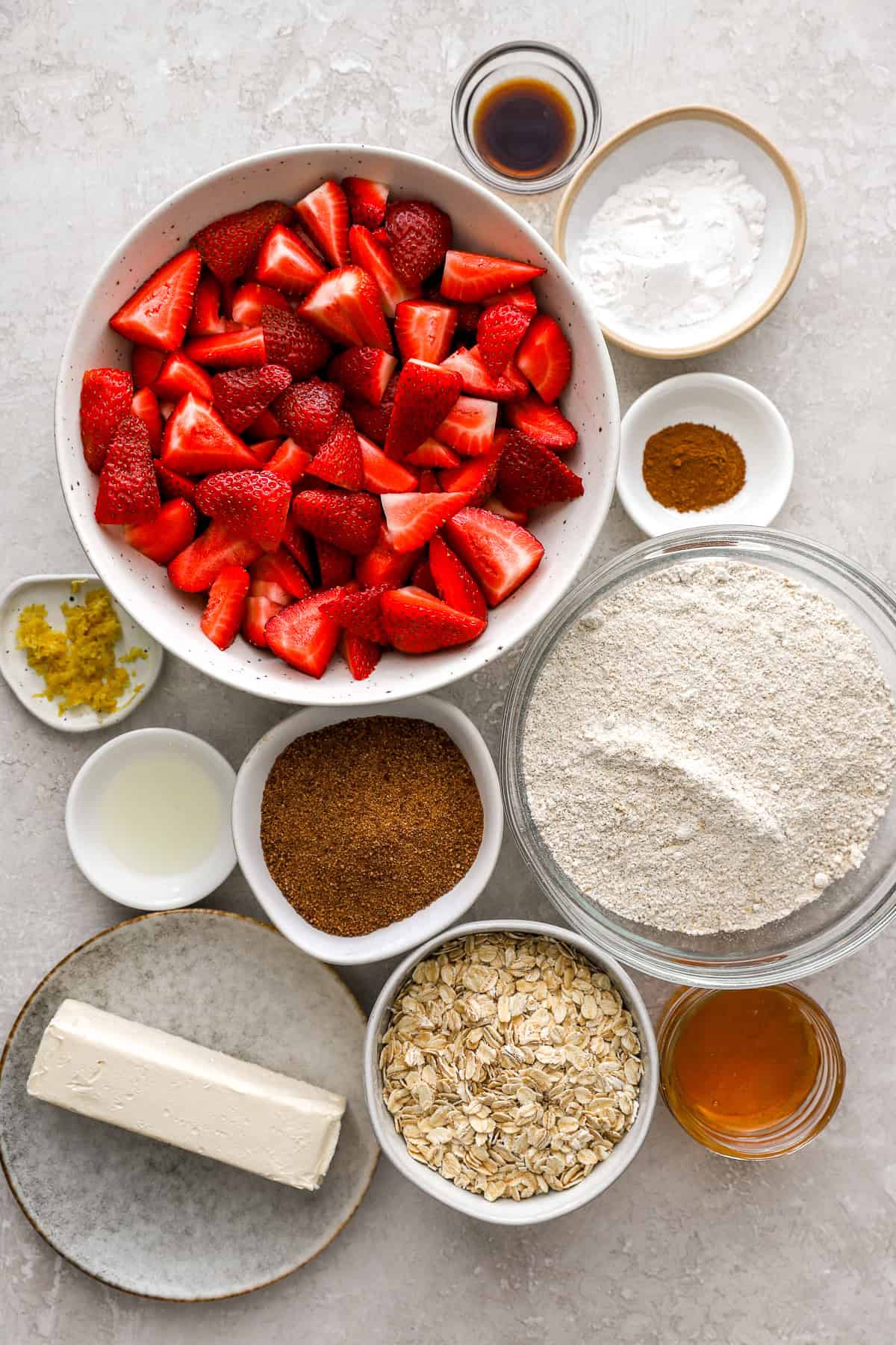 Ingredients to make a gluten-free strawberry crisp.