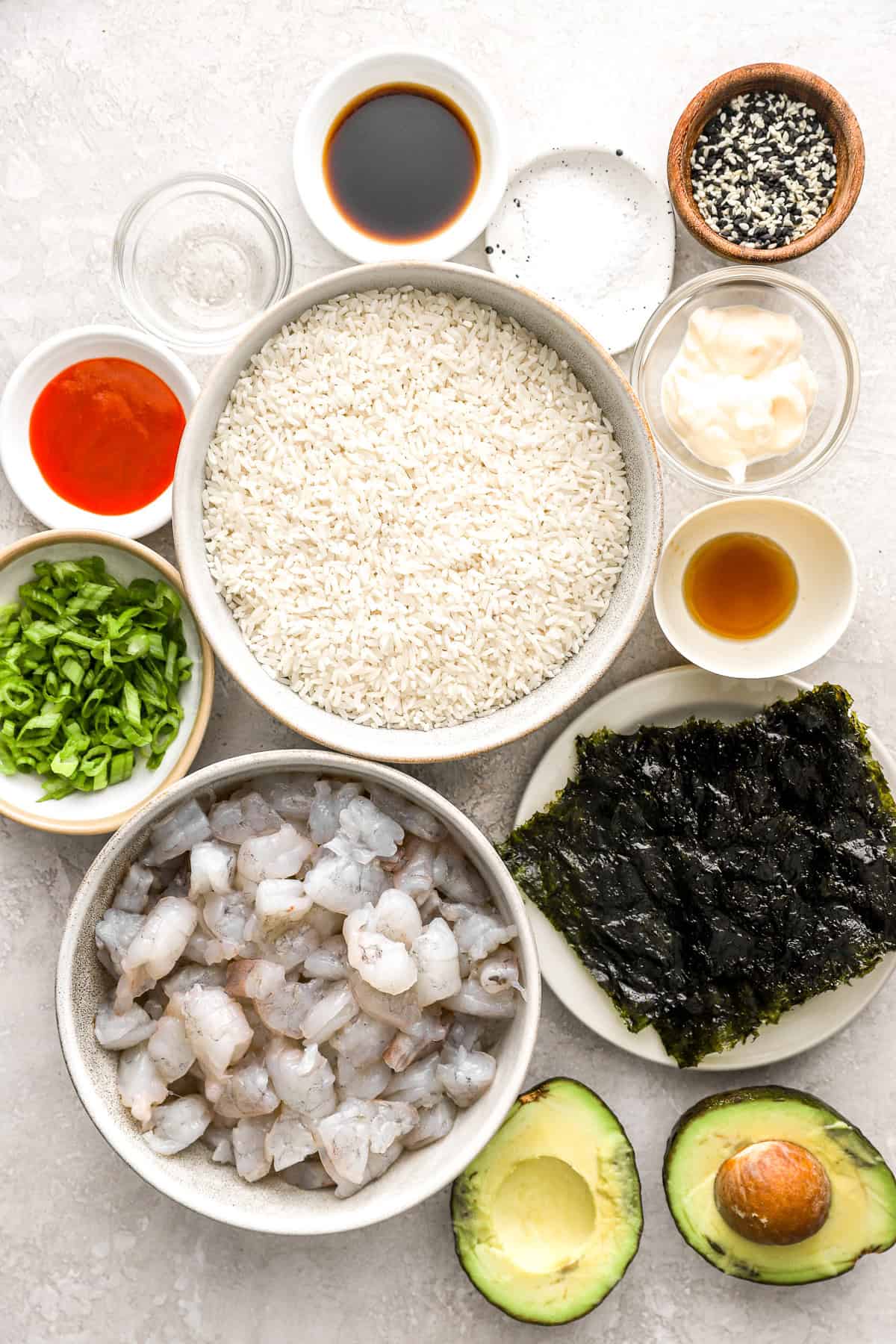 Ingredients to make a sushi rice bake. 