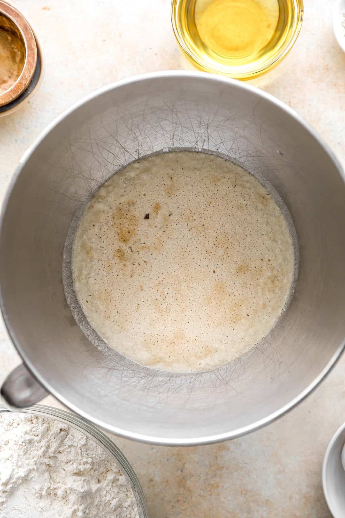 Yeast being activated in a bowl.