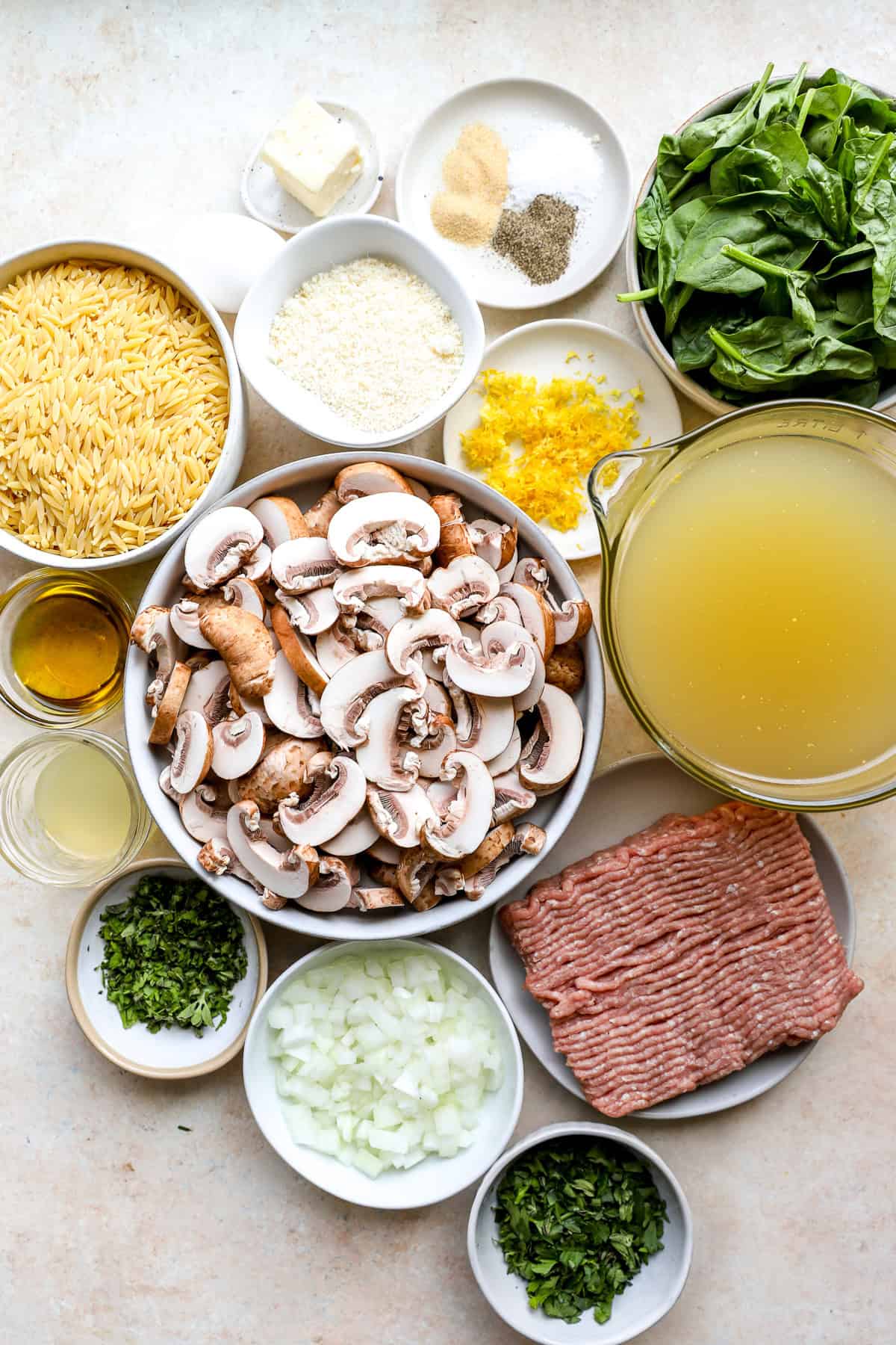 Ingredients to make garlic turkey meatballs with orzo.