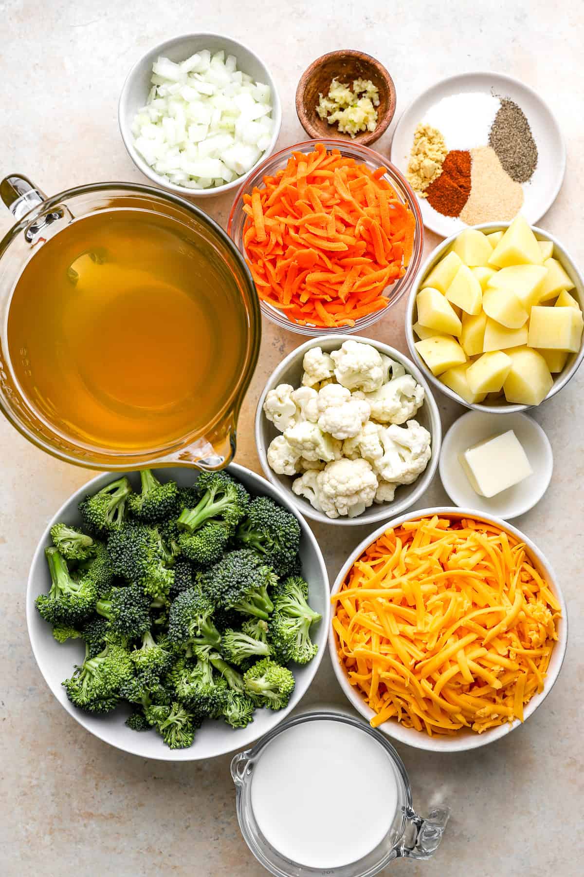 Ingredients to make broccoli cheddar soup.