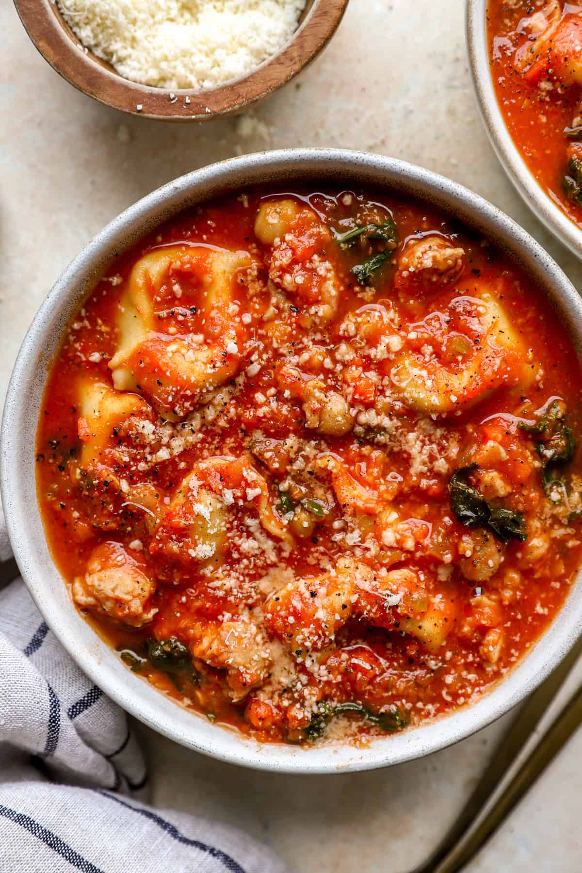A pot of Tuscan tortellini soup. 