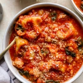 A bowl of Tuscan tortellini soup.