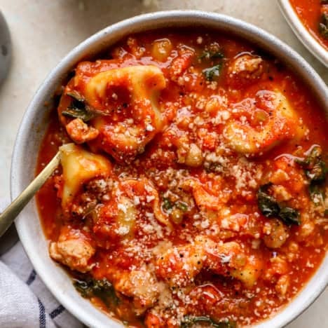 A bowl of Tuscan tortellini soup.