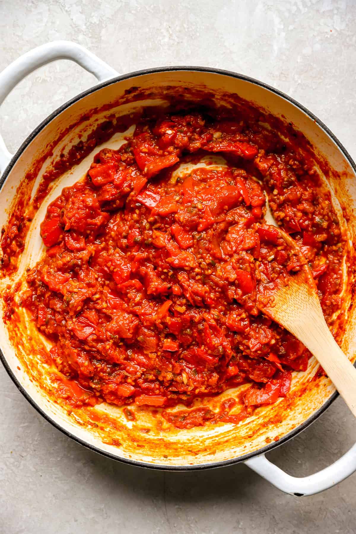 Matbucha in a skillet. 
