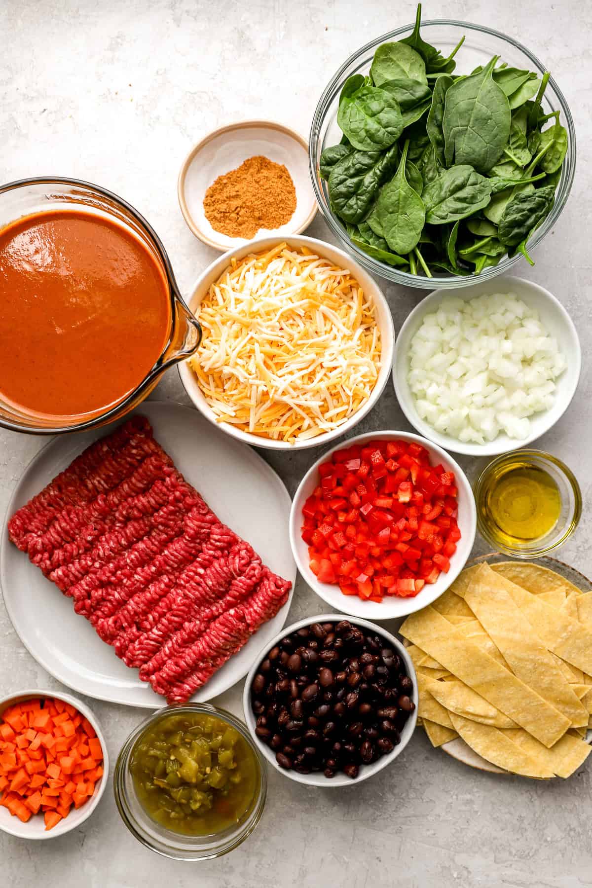 Ingredients to make a beef enchilada skillet. 