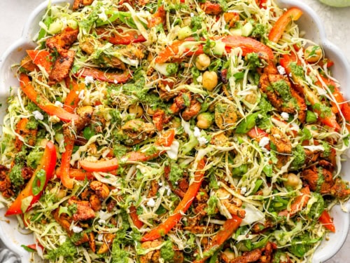 Meal Prep Green Goddess Chicken Salad with Crispy Shawarma Chicken