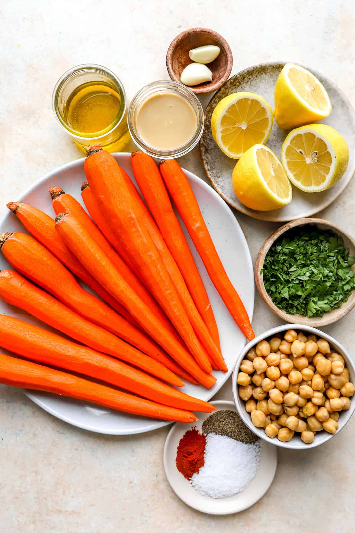 Ingredients for roasted carrot hummus.