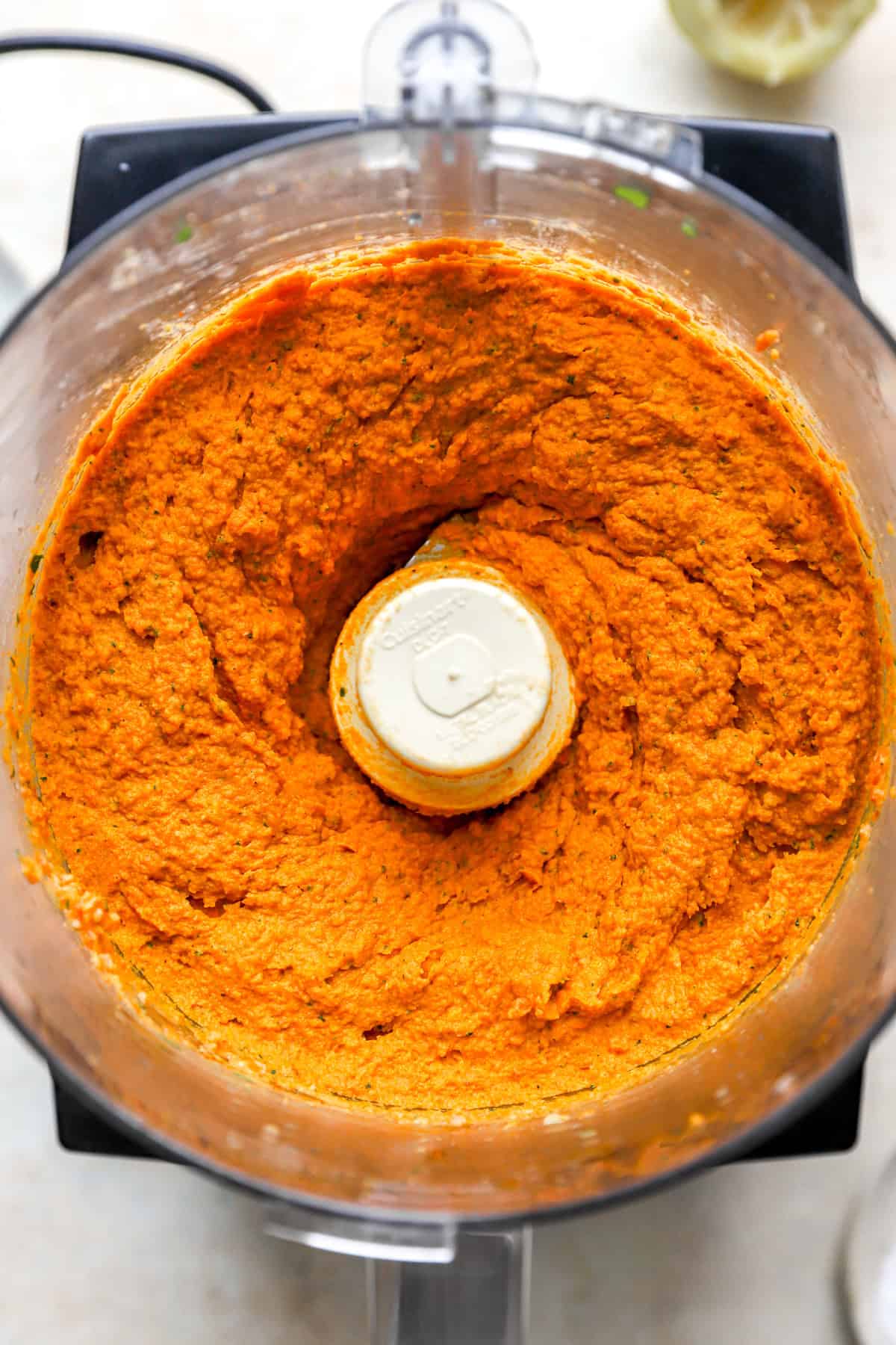 Roasted carrot hummus in a food processor.